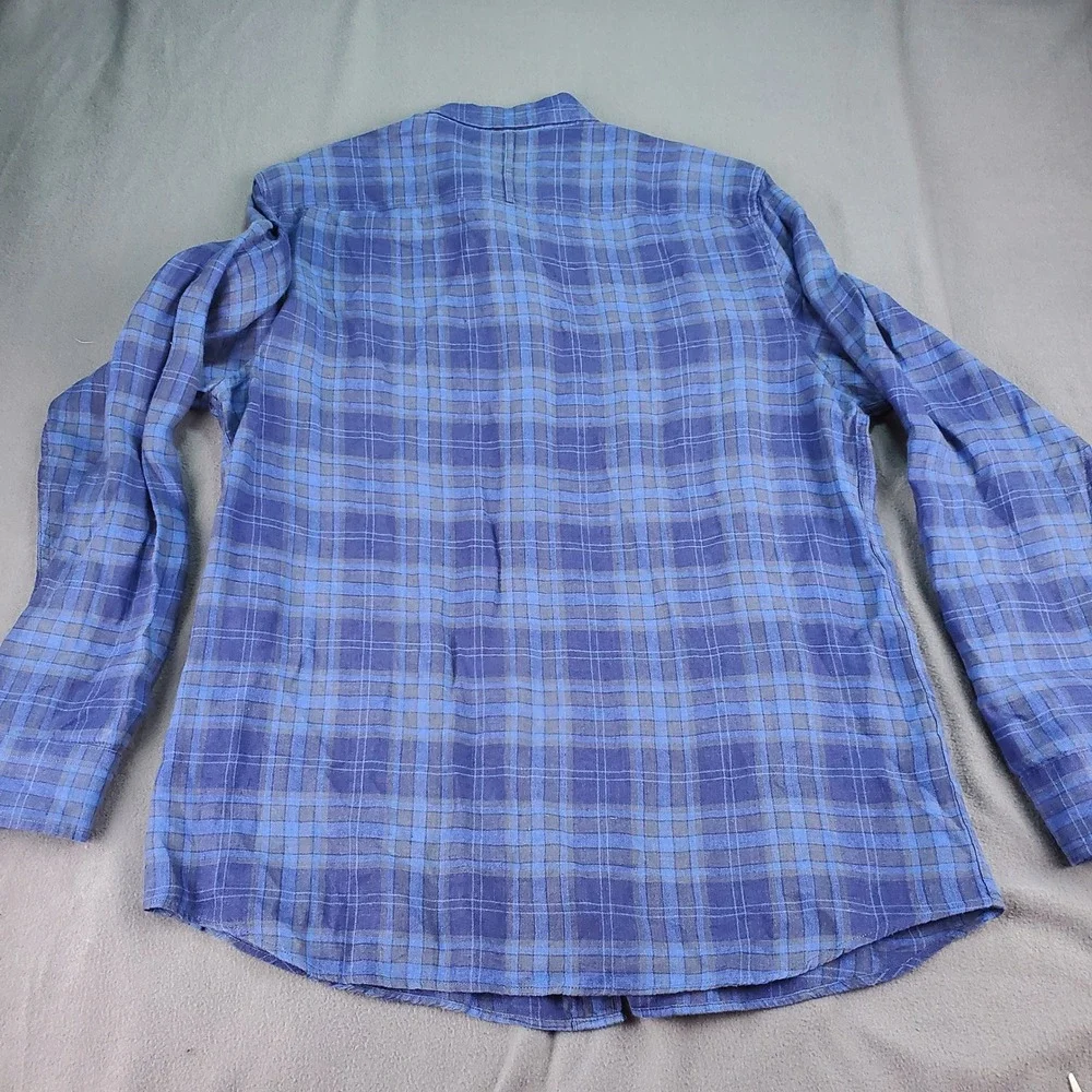 Banana Republic Men's Slim Fit Blue Plaid Linen Button Down Shirt Large flaw